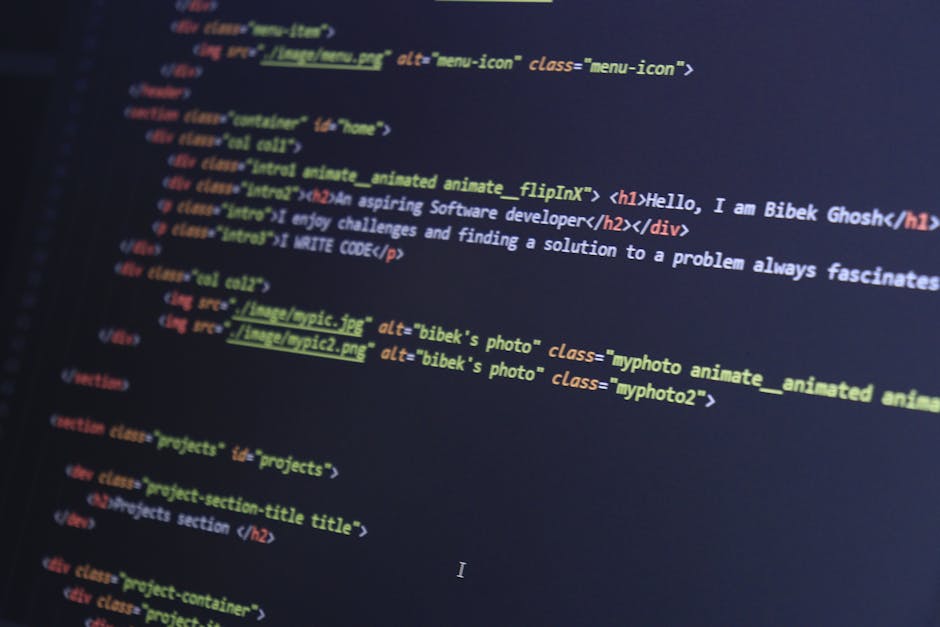 The image displays a computer screen with lines of code in various colors, including blue, green, yellow, and purple, indicating CSS styling elements. The background of the screen is predominantly dar
